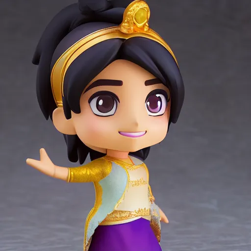 Image similar to cute animated pixar aladdin in traditional clothes as nendoroid, side view, 8 k hd dof, kodak film,