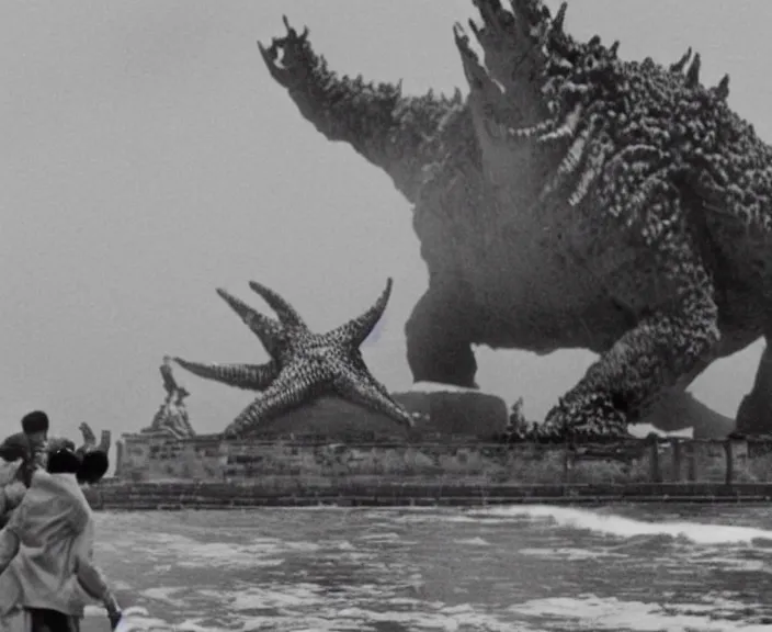 Image similar to a filmstill of a north korean monster movie, kaiju - eiga monster with starfish - arms trampling a traditional korean palace, foggy, film noir, epic battle, etheral, explosions, communist propaganda, communist epic thriller produced by kim jong - il, cinematography by akira kurosawa and tim burton, video compression