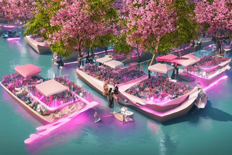 Prompt: futuristic floating markets of singapore river along boat quay turquoise and pink river during sakura tree season on thermal waters flowing down white travertine terraces during interstellar aurora borealis, gold waterfalls, vendors, festivals, fun, by peter mohrbacher, james jean, james gilleard, greg rutkowski, vincent di fate, rule of thirds, octane render, beautiful landscape