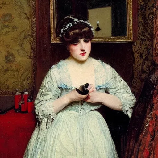 Image similar to young victorian lady putting on makeup, painted by alfred stevens