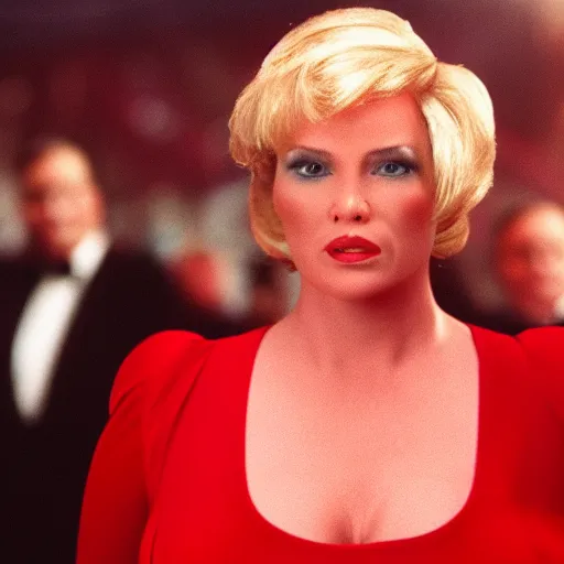 Image similar to donald trump as a hot lady in a red dress, film still, curved body, high quality, 8 k