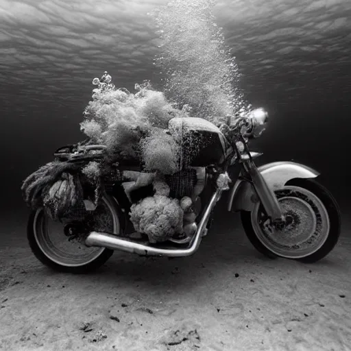 Prompt: Underwater photo of a motorcycle by Trent Parke, clean, detailed, Magnum photos