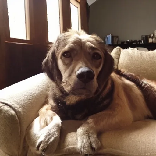 Image similar to cozy wide picture of older handsome lord richard is sitting gracefully on a sofa, his eyes look wise, happy wise. he has bouncy belly, oh he is a human by the way