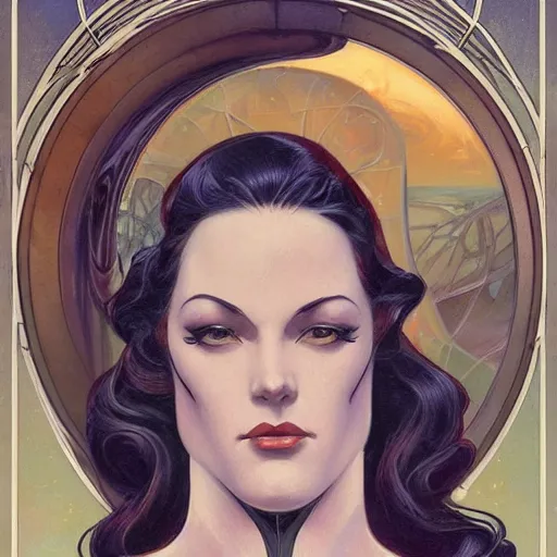 Image similar to a streamline moderne, ( art nouveau ), ( ( dieselpunk ) ) painting in the style of charlie bowater, and in the style of donato giancola, and in the style of charles dulac. symmetry, smooth, sharp focus, hyperrealism, intricate symmetrical ultrafine background detail.