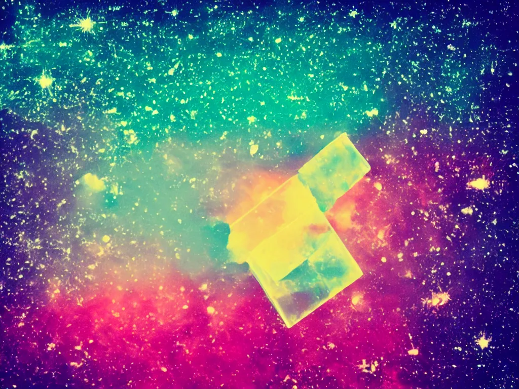 Prompt: a 3 d colourful giant ice cube floating in the universe, galaxies and stars at the background, polaroid photo style, retro effect, high details, one ice cube