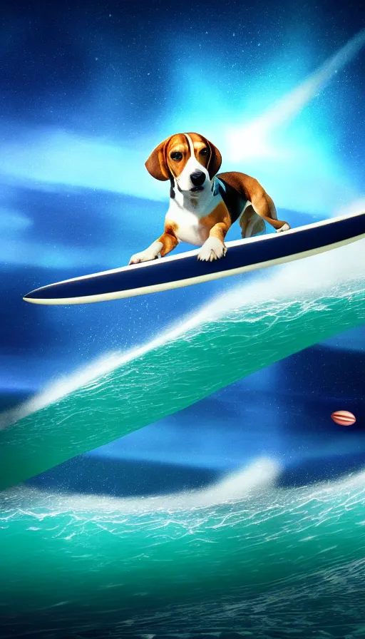 Prompt: beagle dog surfing a surfboard on a crashing l wave of alien ocean in space, background is an alien galaxy, aliens in the background, alien colors, octane render, unreal engine, wide view, 8 k, high detaild