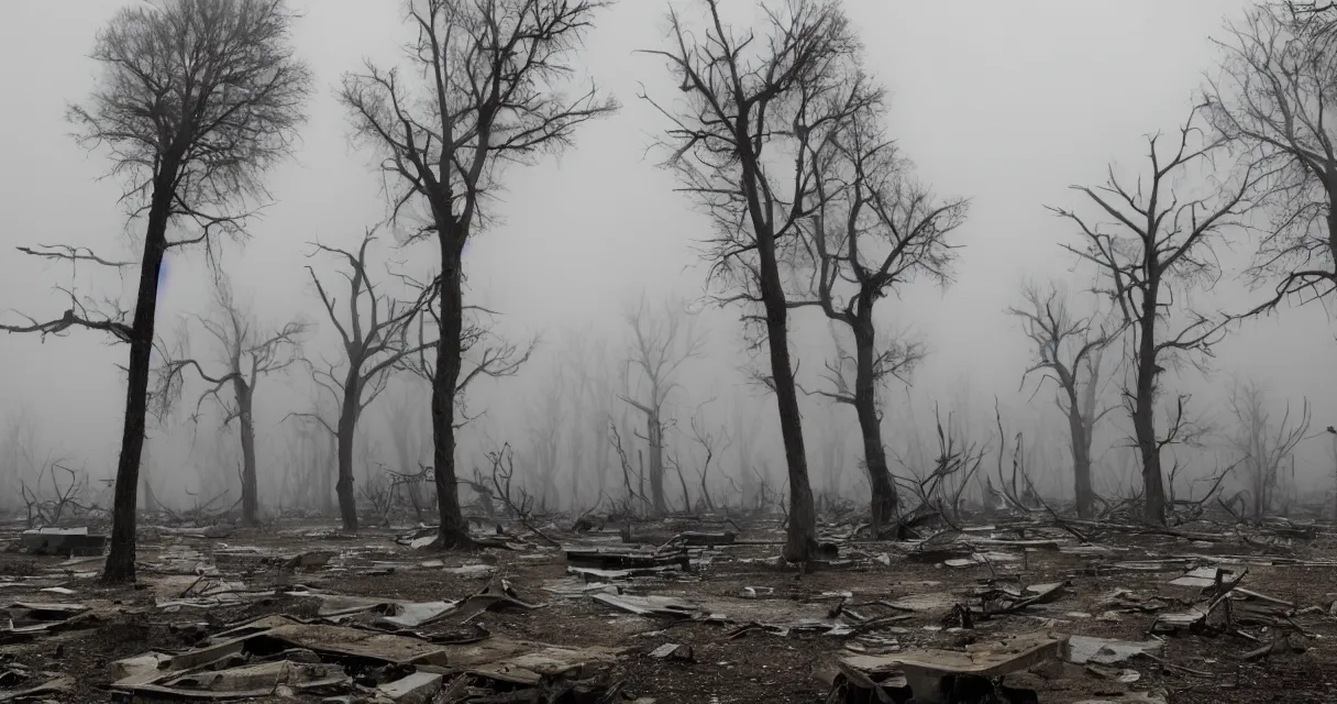 Prompt: a post-apocalyptic wasteland, dead trees, broken buildings, with gray fog