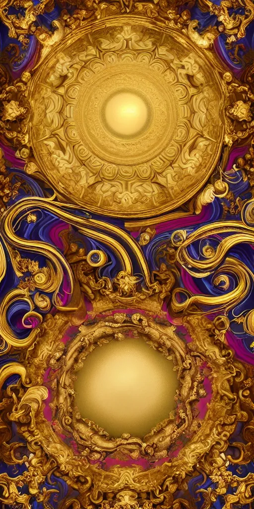 Image similar to the source of future growth dramatic, elaborate emotive Golden Baroque and Rococo styles to emphasise beauty as a transcendental, seamless pattern, symmetrical, large motifs, sistine chapel ceiling, 8k image, supersharp, spirals and swirls, smoke and inkbursts, rainbow ink dropping in water, Gold black and rainbow colors, perfect symmetry, 3D, no blur, sharp focus, photorealistic, insanely detailed and intricate, cinematic lighting, Octane render, epic scene, 8K