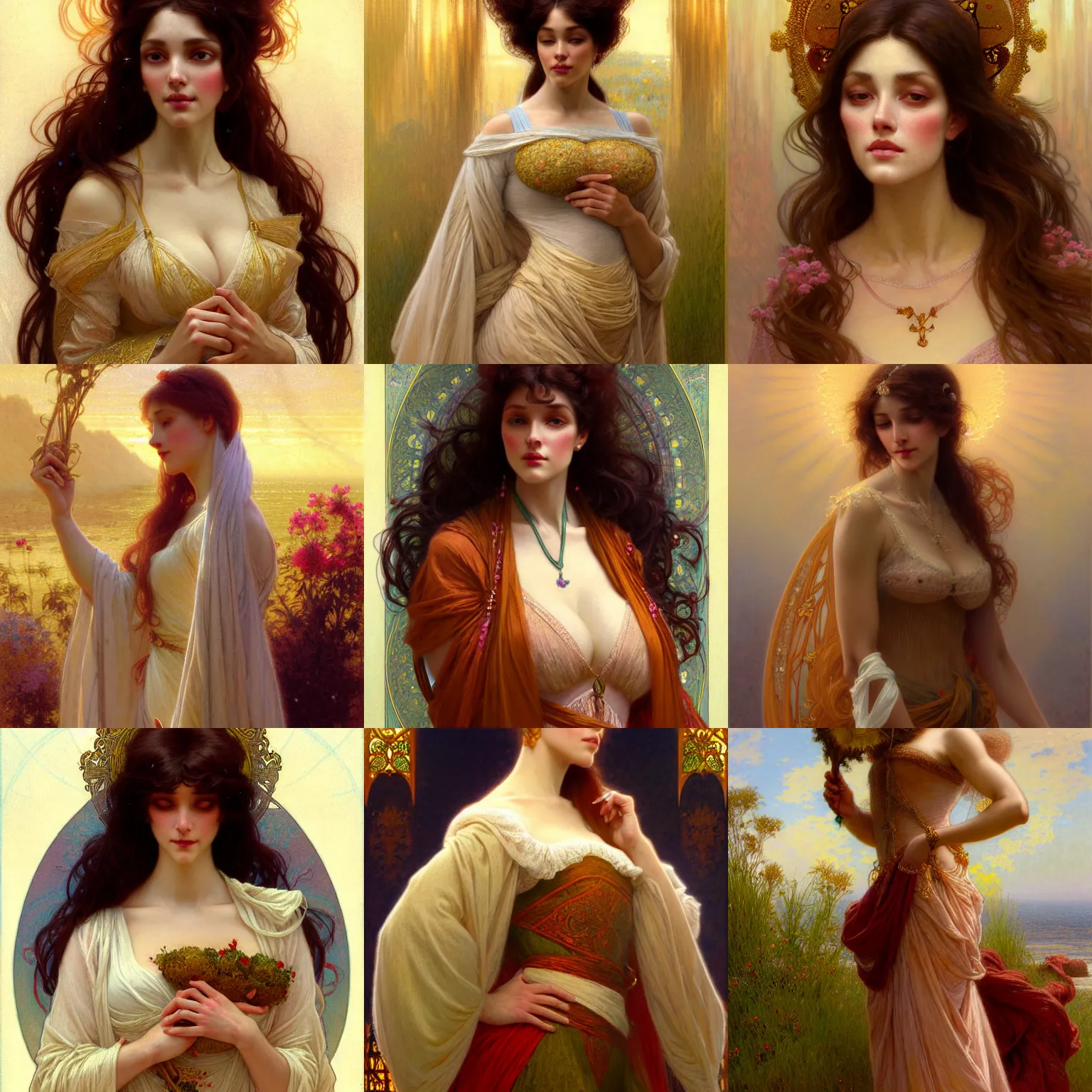 Prompt: character portrait of me as a modest wife blessed by creation to uncontrollably grow more perfect. tall, feminine, muscular, powerful, modestly clothed, voluminous, intricate, elegant, highly detailed, digital painting, artstation, smooth, symmetrical, sharp focus, illustration, art by gaston bussiere and alphone mucha