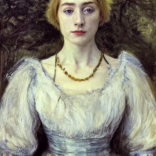 Image similar to a true-to-life portrait of Saoirse Ronan painted by John Everett Millais