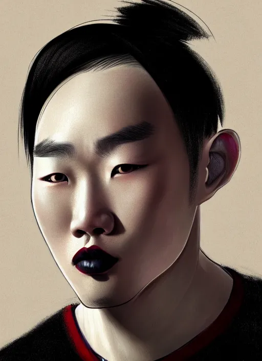 Image similar to portrait of a korean man with a crooked nose and a confident expression, 1 9 6 0 s, black clothes, goth, punk, brightly coloured hair, funk, intricate, elegant, highly detailed, digital painting, artstation, concept art, smooth, sharp focus, illustration, art by wlop, mars ravelo and greg rutkowski