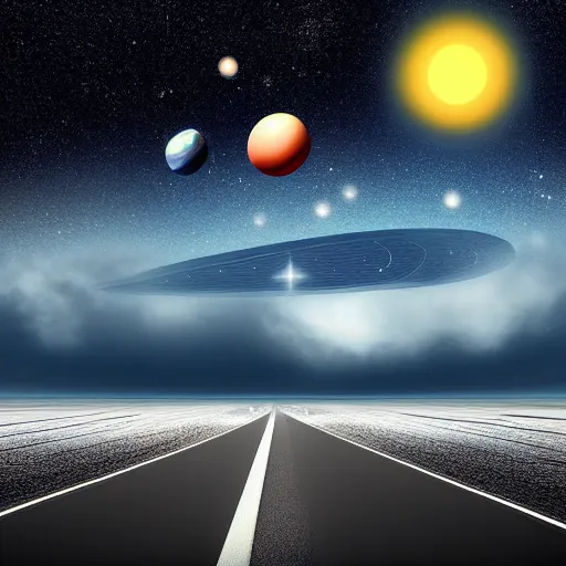 Prompt: endless road that looks like a piano in space, digital art