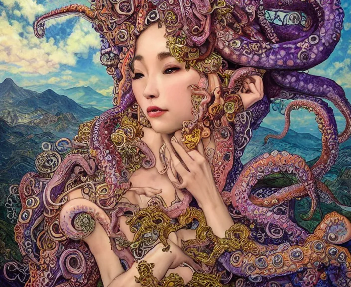 Image similar to portrait of an octopus goddess, full body shot, rule of thirds, wide angle, amazing landscape in background, magic realism, fantasy, whimsical, horror, art by riot games and chengwei pan and josephine wall and amanda sage and alphonse mucha, intricately detailed, highly detailed, luxurious, elegant, clean, unsettling, trending on artstation