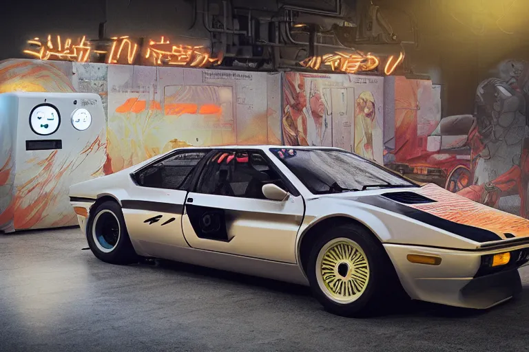 Prompt: BMW M1, neon, ghost in the shell, soft bloom lighting, paper texture, bright sun bleached ground, vending machine, robot lurks in the background, koji morimoto, katsuya terada, genius party, dynamic scene