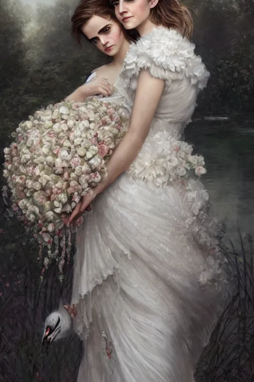 Image similar to Emma Watson in a decorated dress made of white and cream colored roses, holding a realistic and detailed white swan in her arms, highly detailed, digital painting, Trending on artstation , HD quality, by artgerm and greg rutkowski and alphonse mucha, dramatic light, octane