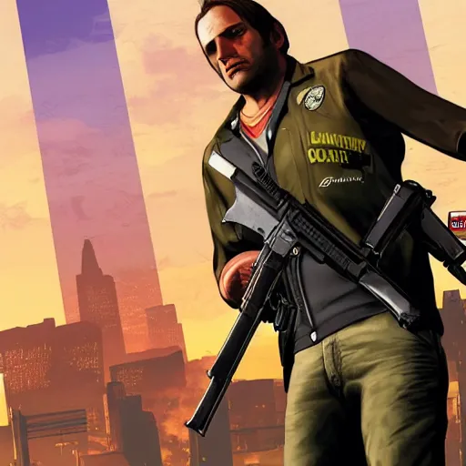 Prompt: Leon Kennedy in GTA 5, cover art by Stephen Bliss, boxart, loading screen