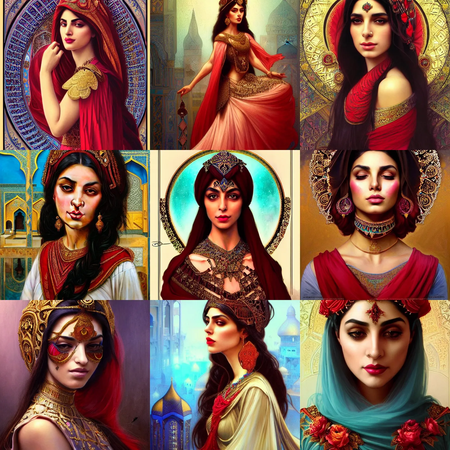 Prompt: Beautiful portrait of a Persian Princess who is an architect, beautiful princess, face painting, architecture, persian style architecture, dramatic lighting, intricate, wild, highly detailed, digital painting, artstation, concept art, smooth, sharp focus, illustration, black+velvet+red+Turquoise, dark, art by artgerm and greg rutkowski and alphonse mucha, footage from space camera