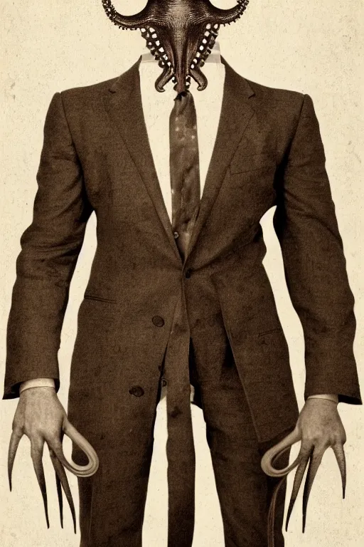 Image similar to octopus headed man, vintage full body portrait of an octopus headed man in a suit, sepia