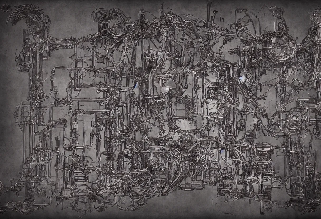 Prompt: blueprint of demonic machine from necronomicon book written in blood, plenty annotations sumerian language, hyper realism, realistic, dramatic lighting, octane render, highly detailed, cinematic lighting, cinematic, art by wes benscoter