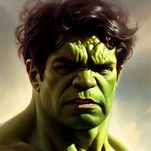 Prompt: A portrait of the Hulk, fantasy, intricate, elegant, highly detailed, digital painting, artstation, concept art, smooth, sharp focus, illustration, art by Krenz Cushart and Artem Demura and alphonse mucha