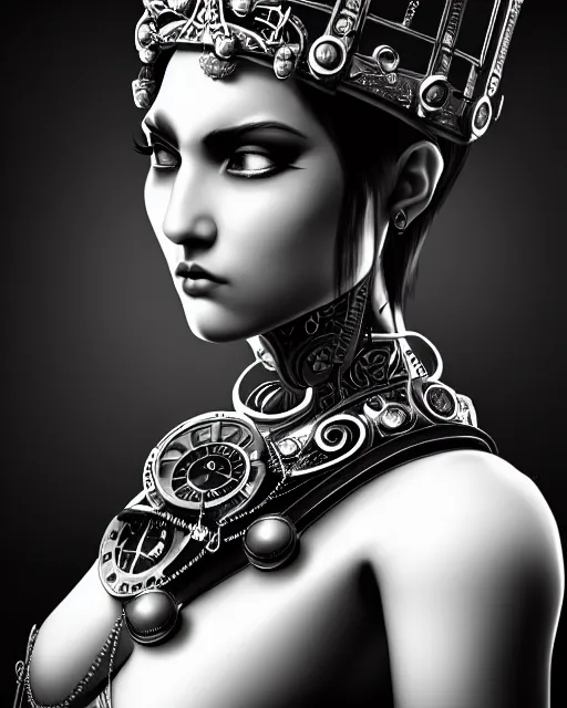 Image similar to black and white side portrait ultra detailed, beautiful female android with steampunk mechanical detailed ornate face, crown, deity, sharp focus, highly detailed global illumination, concept art. 8 k