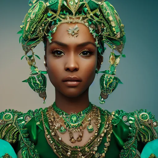 Prompt: photograph of wonderful princess with smooth dark skin, green jewelry, breathtaking, elegant, ornate, intricate, hyper detailed, accent lighting, dramatic light, 4 k octane render