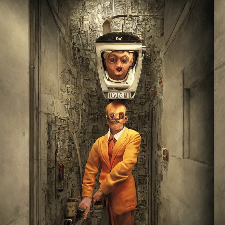 Image similar to low angle octane render portrait by wayne barlow and carlo crivelli and glenn fabry, a creepy nearly human strange looking sinister man in a bright saturated wes anderson elevator operator costume inside a dark and moody vintage elevator in a high - end boutique hotel, very short depth of field, bokeh