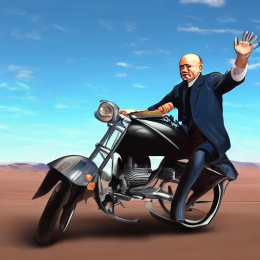 Image similar to a photo of vladimir lenin riding a motorbike, desert road, blue skies, hyper realistic, 4 k