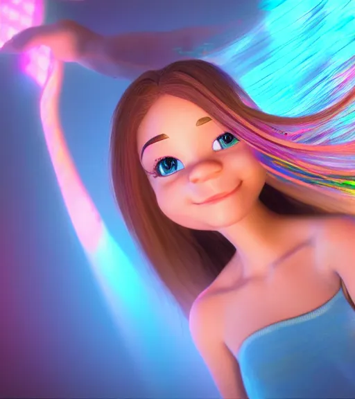 Image similar to a hologram of a cute dancing girl, flowing hair, in the style of pixar animation, octane rendering, unreal engine,