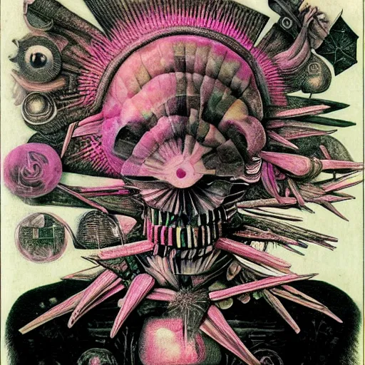 Image similar to post - punk new age album cover, asymmetrical design, frame of a dollar bank notes, capitalism, magic, apocalypse, psychedelic, black white pink, magic, giger h. r., giuseppe arcimboldo