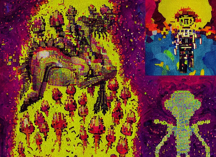 Prompt: pixel decollage painting golden armor alien zombie horseman riding on a crystal bone dragon broken rainbow diamond maggot horse in a blossoming meadow full of colorful mushrooms and golden foil toad blobs in a golden sunset, distant forest horizon, painted by Mark Rothko, Helen Frankenthaler, Danny Fox and Hilma af Klint, pixelated, neo expressionism, semi naive, pastel colors, cinematic, color field painting, cave painting, voxel, pop art look, outsider art, minimalistic. Bill Traylor painting, part by Philip Guston and Francis Bacon. art by Adrian Ghenie, very coherent symmetrical artwork, cinematic, hyper realism, high detail, octane render, unreal engine, Smooth gradients, depth of field, full body character drawing, extremely detailed, 8k, extreme detail, intricate detail, masterpiece