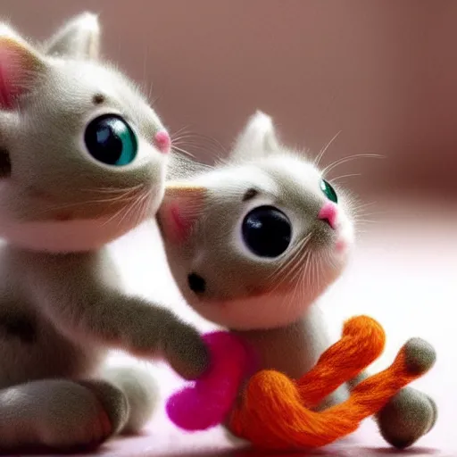 Prompt: miniature closeup of cute kittens playing with yarn, claymation, Pixar animation, visually stunning, 50mm, highly detailed, award-winning