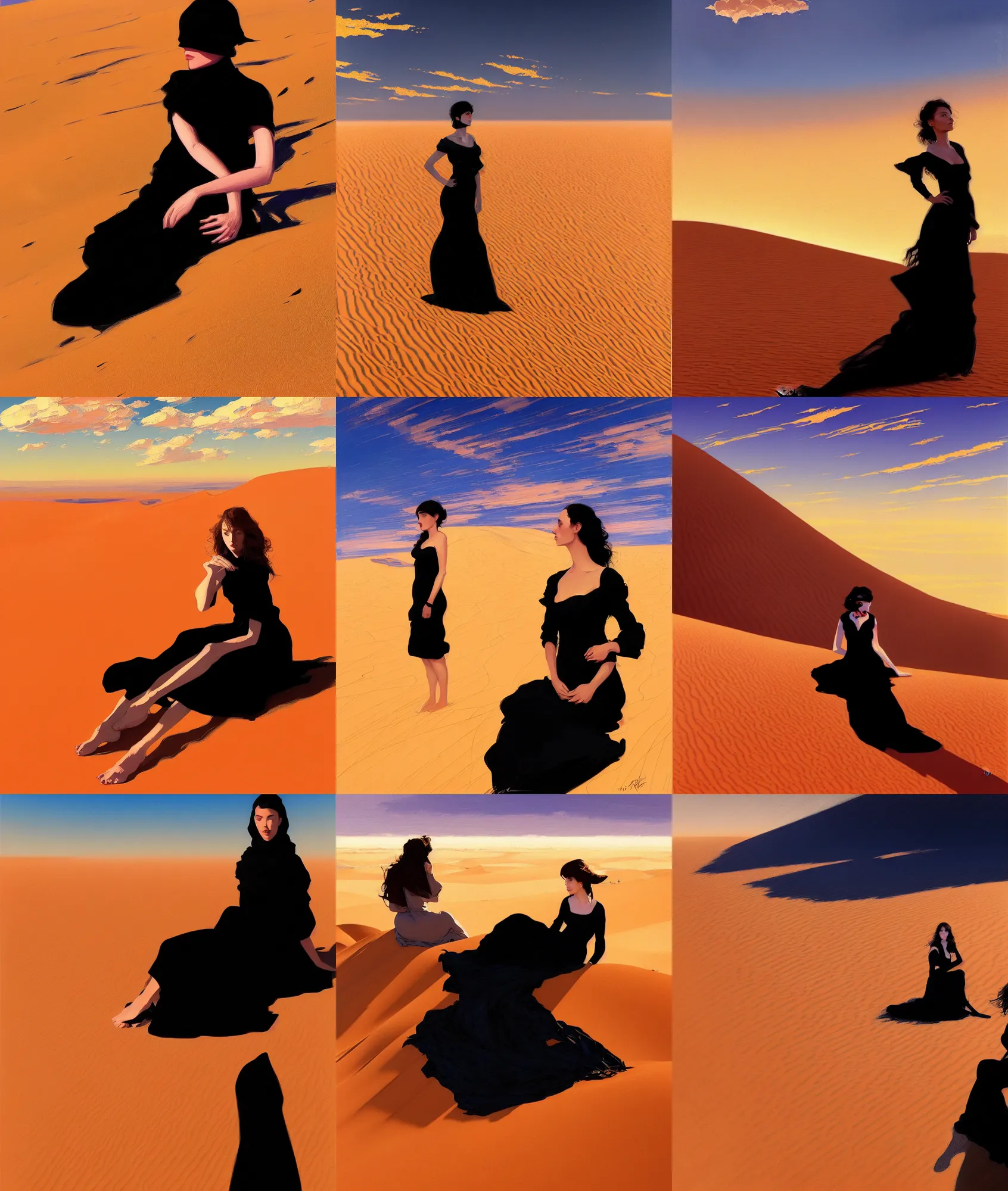 Prompt: sitting girl in black dress between clouds above sahara desert dunes in sunset light, portrait, elegant, intricate, digital painting, artstation, concept art, smooth, sharp focus, illustration, alphred joseph casson and Daniel F. Gerhartz and walter everett and gustav klimt