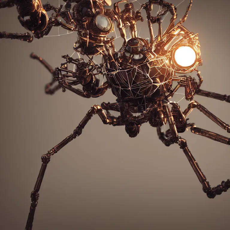 Prompt: a close up of an adorable steampunk robotic spider inspired by love spinning a web of truth, dramatic lighting smoke, award winning national geographic nature photography, unreal engine realistic render