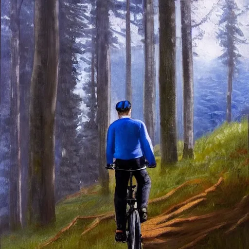 Image similar to man biking up a steep forest hill with a deep blue sweater. sweaty. Oil painting. Emotional. Trending on artstation. Steep. Nordic Trees. Rustic.