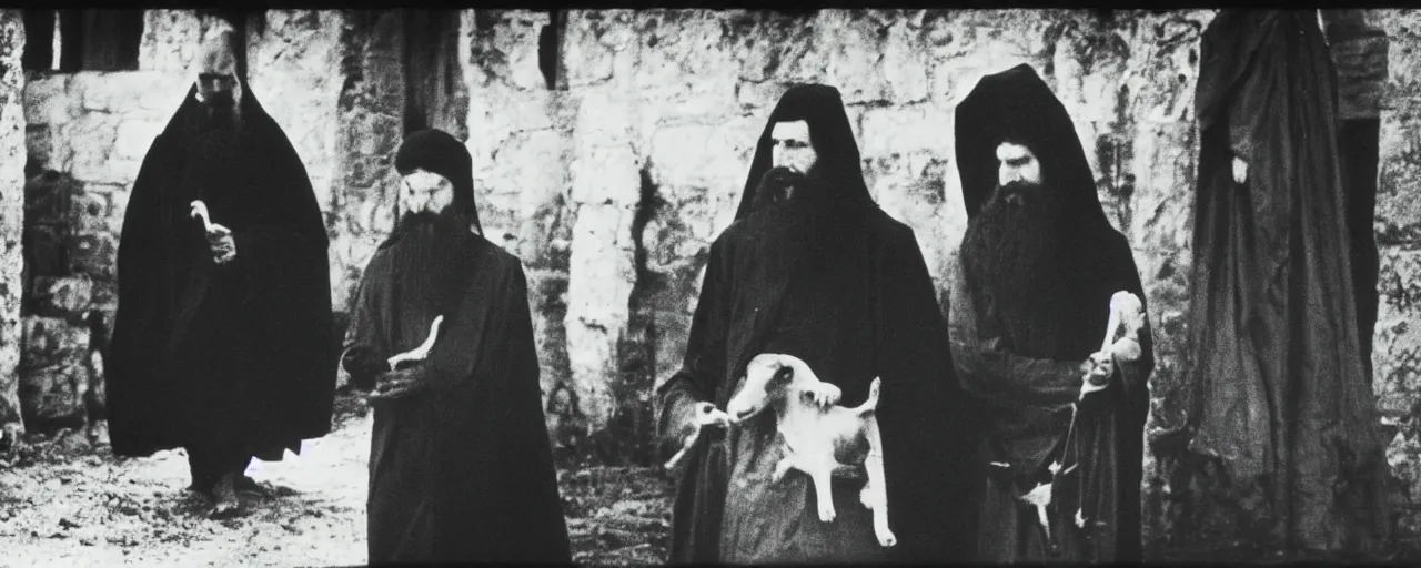 Prompt: still of breaton monks looking like rasputin with a goat from movie stalker ( 1 9 7 9 ) by andrei tarkovsky, polaroid