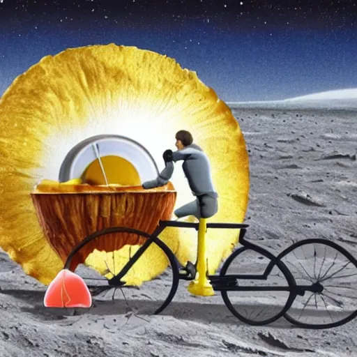 Image similar to a wheel of cheese is cycling fast on a bike on the surface of the moon and drives away from a huge and dangerousmushroom cloud of a nuclear explosion. photorealistic