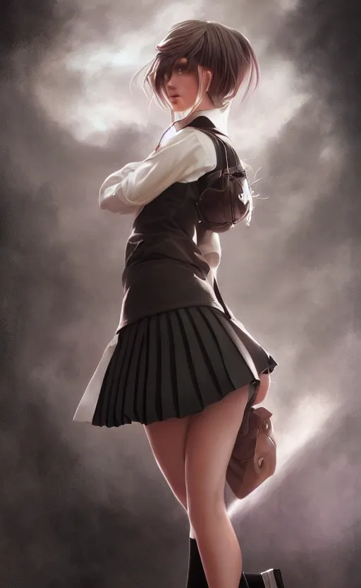 Image similar to a beautiful woman with school uniform, seifuku, pleated miniskirt, overknee socks, adriana lima, painted by artgerm and tom bagshaw, fantasy art, dramatic lighting, highly detailed oil painting, volumetric lighting