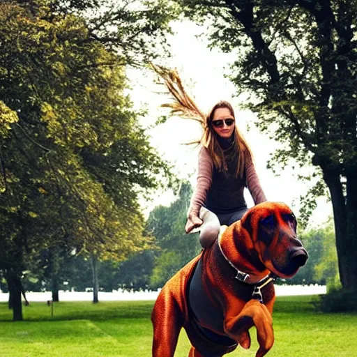 Prompt: girl riding a giant doberman in the park, trending on artstation