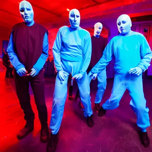 Image similar to blue man group wearing all blue, in blue hour lighting, feeling blue, listening to eiffel 65's song called 'blue'