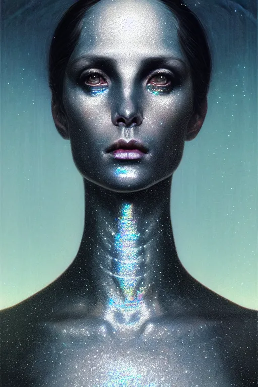 Prompt: pearlescent black lilith! the mother of all creatures! stares into the void, covered in iridescent glitter!! bioluminescent veins, raining ash, fine art masterpiece, highly detailed dino valls wayne barlowe machiej kuciara, dramatic lighting, medium shot, side angle, uhd 8 k, sharp focus