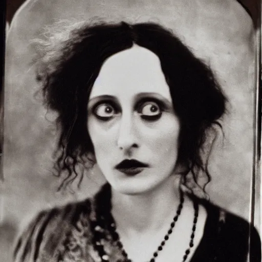 Image similar to headshot edwardian photograph of helena bonham carter, shelley duvall, glenn close, 1 9 2 0 s, sinister, evil, realistic face, 1 9 1 0 s, grainy, victorian, soft blur