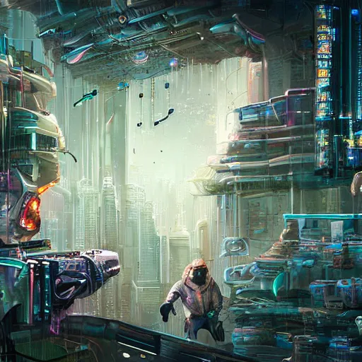 Prompt: cyberpunk scientist making cyber-rat in his hub, wide angle view, sci-fi, high definition details hyperrealistic, digital art, artstasion, deep depth of field