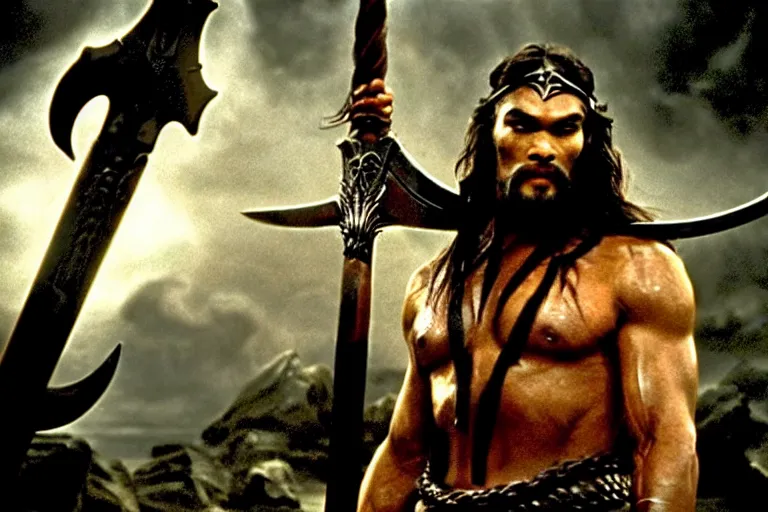 Prompt: 7 0 mm film still from conan the barbarian, jason momoa as conan holding a giant sword with both hands above his head wearing ornate dragon armor, in the wet catacombs of skulls and snakes, cinematic, volumetric lighting, mist, wet skin and windblown hair, muscular!!!, heroic masculine pose, ridley scott