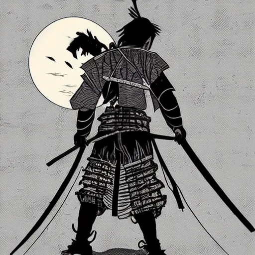 Image similar to a portrait from behind of a samurai man vagabond with a moon behind him, the samurai is wrapped in chains, detailed, illustration, concept art, ink style, sketch