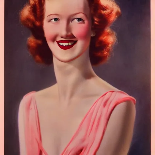 Image similar to tall, lithe woman, soft red hair, fair skin, normal rockwell, 1 9 4 0's, liberty curls, flushed cheeks, pink lips, beautiful smile, full body portrait, posing