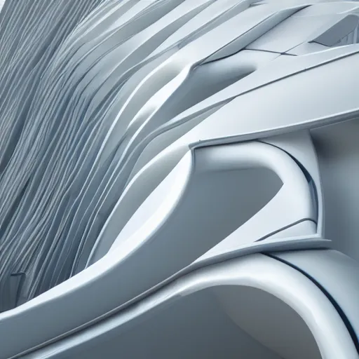 Prompt: a photograph of a futuristic architectural white shape, flowing surfaces : : architecture, product design, automotive design : : 3 d render, digital illustration, photorealism, raytracing, realistic lighting