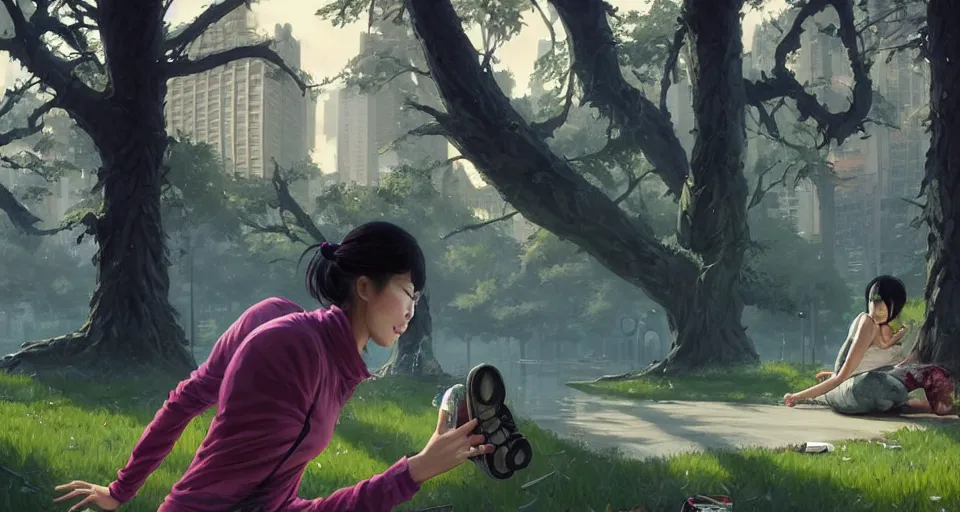 Image similar to highly detailed portrait asian woman jogger rotting zombie in gta v, in a city park, stephen bliss, unreal engine, fantasy art by greg rutkowski, loish, rhads, ferdinand knab, makoto shinkai and lois van baarle, ilya kuvshinov, rossdraws, tom bagshaw, global illumination, detailed and intricate environment