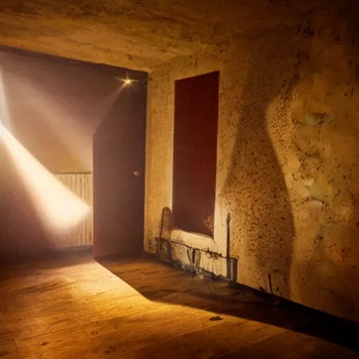 Prompt: a room with a open coffin in the middle of the room, flooded with red wine. shaft of light shines down from above