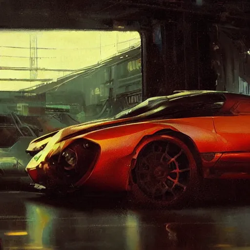 Image similar to cyberpunk car, intricate, elegant, highly detailed, greg manchess, mucha, liepke, ruan jia, jeffrey catherine jones, ridley scott